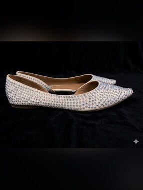 Steve Madden Beige Crystal-Studded Pointed Ballet Flats